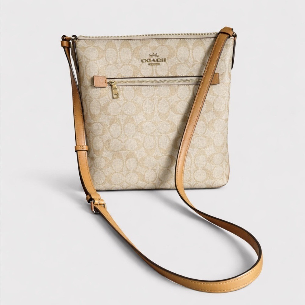 Coach Rowan File Bag Signature‎ Canvas Crossbody Khaki Saddle C1554